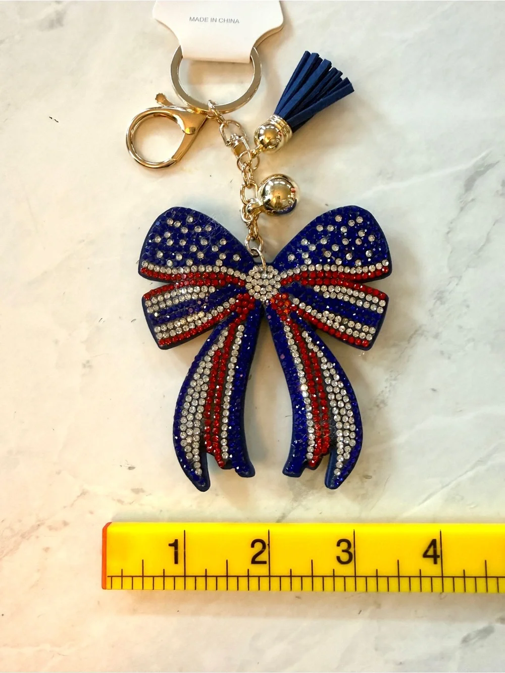 ✨ NWT USA Patriotic Rhinestone Crystal Coquette Bow Puffy Keychain & Bag Charm ✨